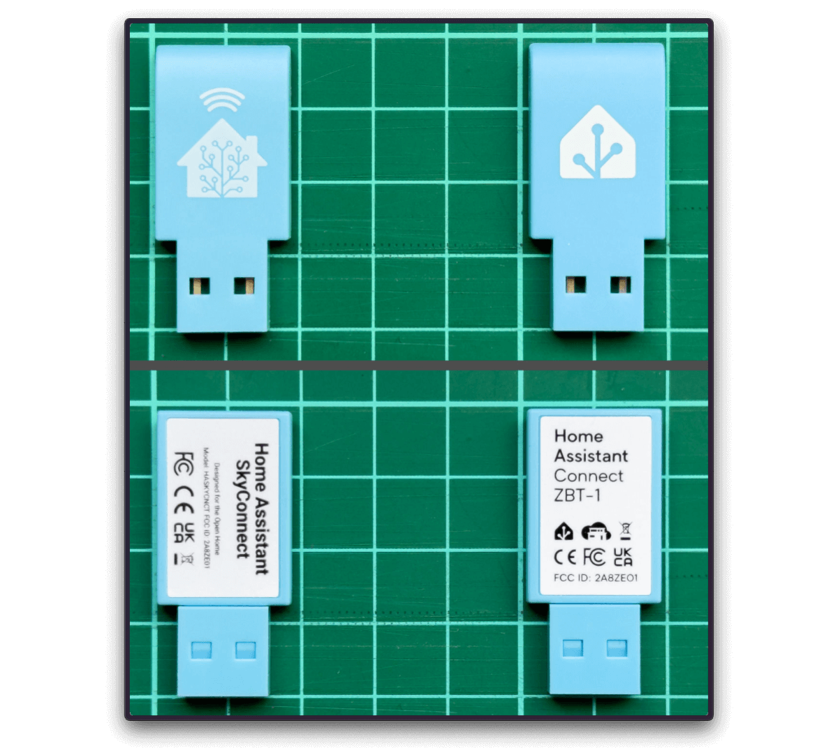 Image showing the 2 differently branded adapters side-by-side: SkyConnect (left) and ZBT-1 (right)