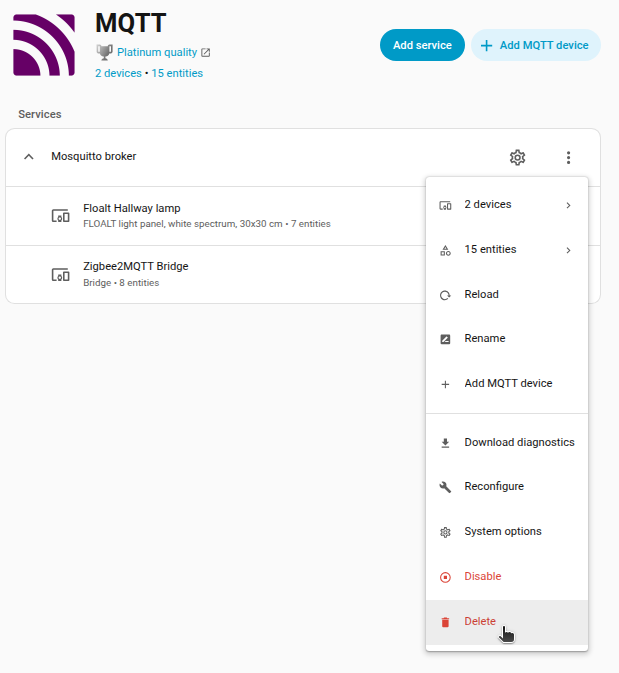 Remove Zigbee2MQTT devices (option 1)