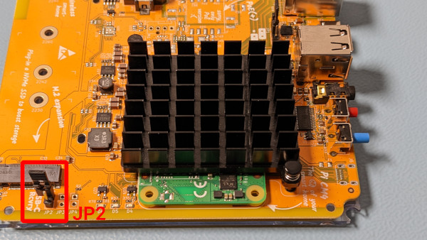 Image showing the location of the jumper JP2 on a Yellow board version 1.2
